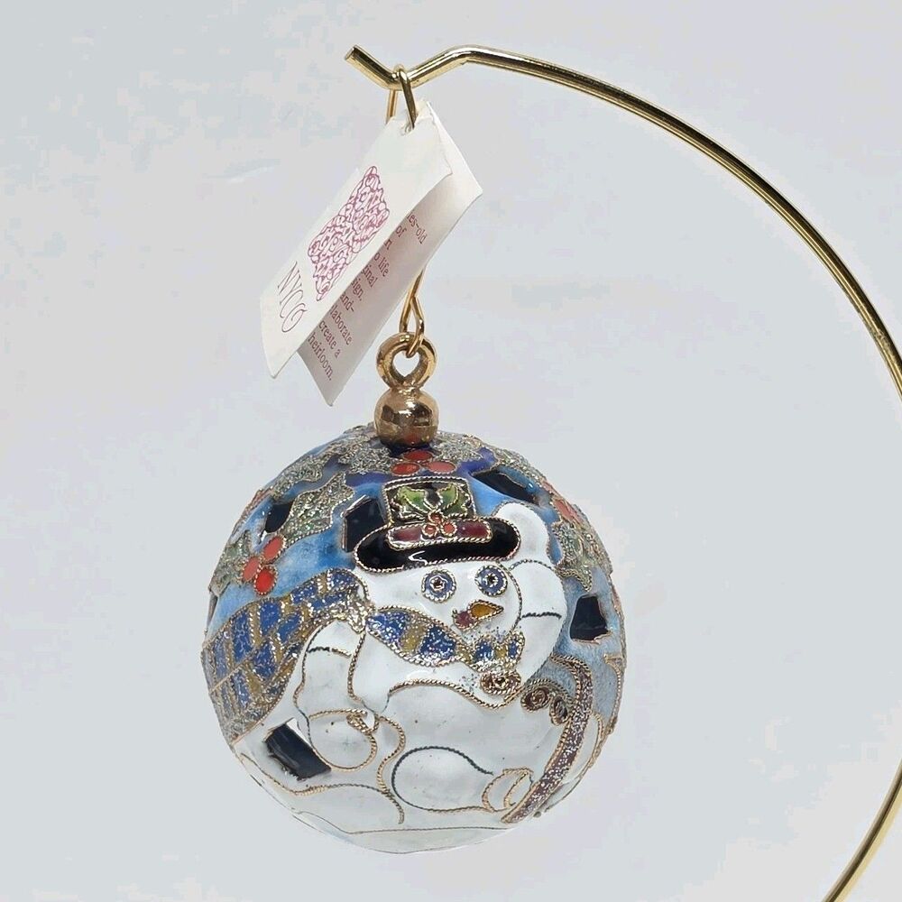 Nyco Cloisonne Ball Snowman Holiday Christmas Ornament Cut Metal Enamel